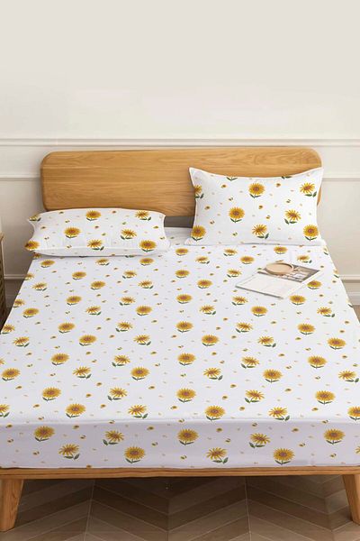Rivaİstanbul Double Bed Sheet Sunflower Patterned Cotton