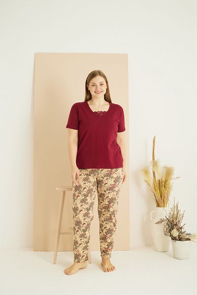 Siyah İnci Set de pijamale supradimensionate din bumbac cu imprimeu burgundă Curve Plus Size 25103715