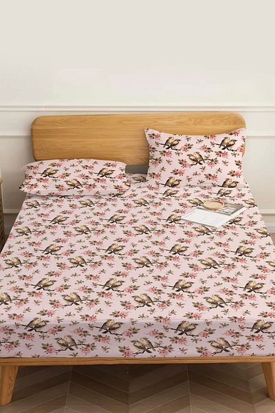 Rivaİstanbul Double Bed Sheet Powder Pink Bird Patterned Cotton