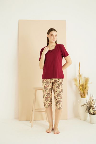 Siyah İnci Costum Capri tricotat din dantelă din bumbac cu decolteu în V cu imprimeu burgundy 25102165