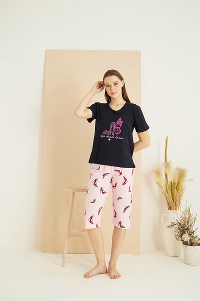 Siyah İnci Navy Blue Patterned Cotton Crew Neck Knitted Capri Suit 25102198