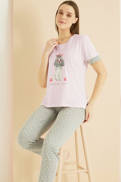 Siyah İnci Σετ πλεκτές πιτζάμες με ροζ σχέδιο Cotton Crew Neck 25103254