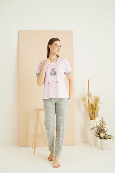Siyah İnci Σετ πλεκτές πιτζάμες με ροζ σχέδιο Cotton Crew Neck 25103254