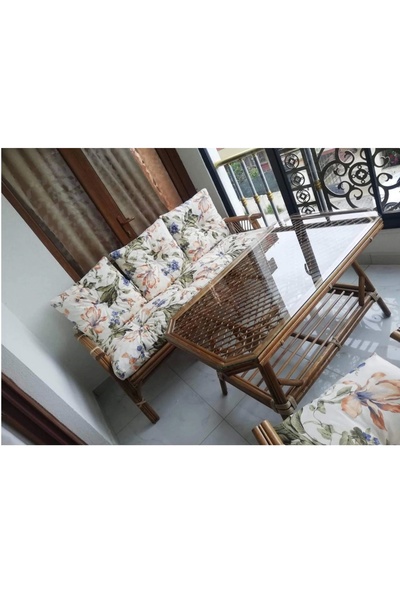 NİVEMESHOME 5 KİŞİLİK MİNDERLİ BAMBU OTURMA SETİ (3+1+1+SEHPA)