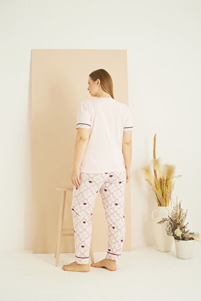 Siyah İnci açık pembe desenli Curve Büyük Beden Battal Boy Pamuklu Pijama Takım25103757