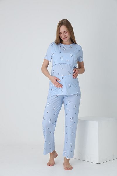 Miss Dünya Lissa Short Sleeve Adjustable Elastic Waist Detailed Printed Maternity and Postpartum Pajama Set Suitable for Breastfeeding