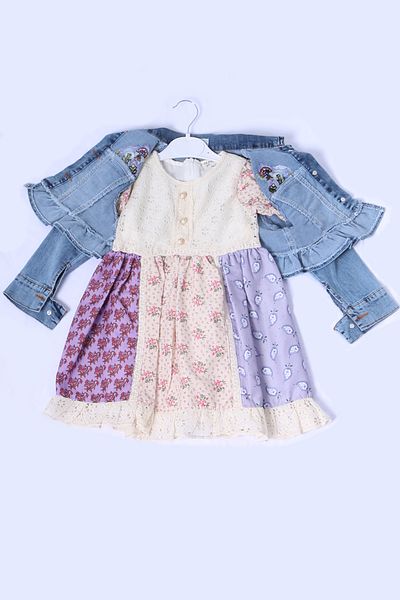 HÇM Girl's Denim Jacket Dress with Lace Detail Ruffle A34
