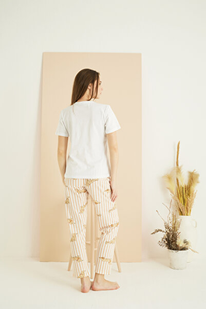 Siyah İnci ekru desenli Pamuklu Bisiklet Yaka Örme Pijama Takım25107138