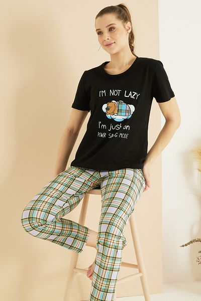 Siyah İnci Black Patterned Cotton Crew Neck Knitted Pajama Set 25103198