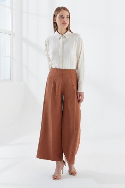 MODAJİN Dadali Yandan Fermuarlı Bol Paça Pantolon Kahve