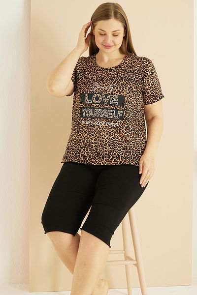 Siyah İnci Λεοπάρ στάμπα Curve Plus Size Oversize Βαμβακερό Κάπρι Σετ 25102725