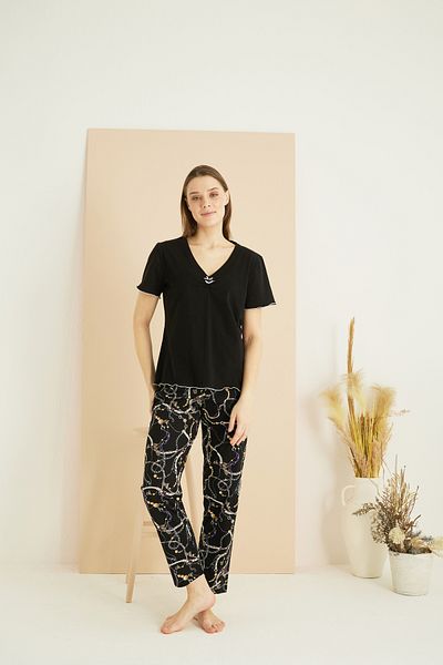 Siyah İnci Black Patterned Cotton Crew Neck Knitted Pajama Set 25103221