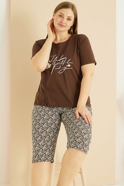 Siyah İnci Καφέ μοτίβο Curve Plus Size Oversize Βαμβακερό Κάπρι Σετ 25102758