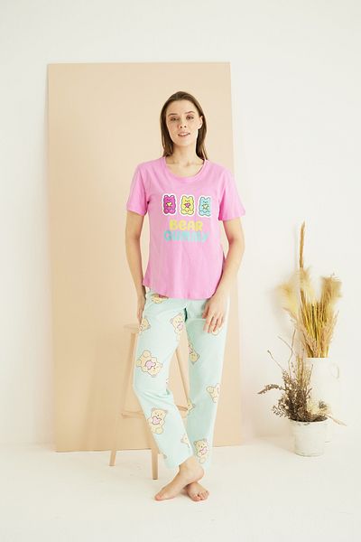 Siyah İnci Σετ πλεκτές πιτζάμες με ροζ σχέδιο Cotton Crew Neck 25107156