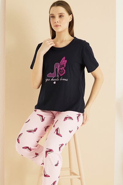 Siyah İnci Navy Blue Patterned Cotton Crew Neck Knitted Pajama Set 25103264