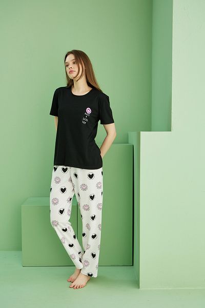 Siyah İnci Black Patterned Cotton Crew Neck Knitted Pajama Set 25103267