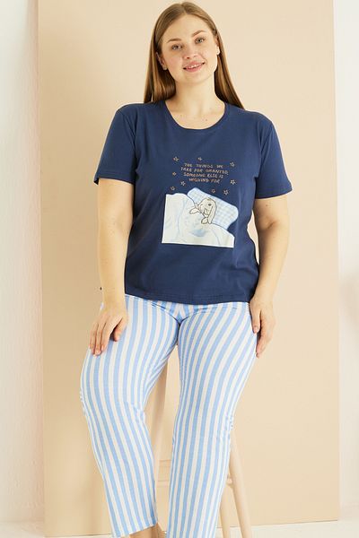 Siyah İnci Navy Blue Patterned Curve Plus Size Oversize Cotton Pajama Set 25103739