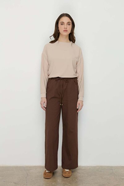 Nihan Beli Lastikli Bol Paça Kanvas Pantolon - Kahve