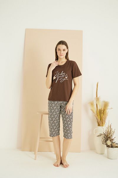 Siyah İnci Καφέ στάμπα Cotton Crew Neck Πλεκτό Κάπρι Κοστούμι 25102193