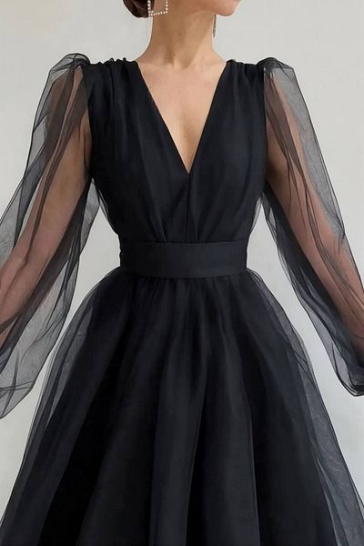 ALFUDO Moda Collection Dámské černé večerní šaty My Dream Tyl s výstřihem do V a páskem Midi