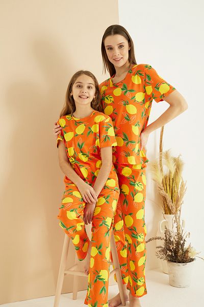 Siyah İnci Orange Patterned Cotton Crew Neck Knitted Pajama Set 25107130