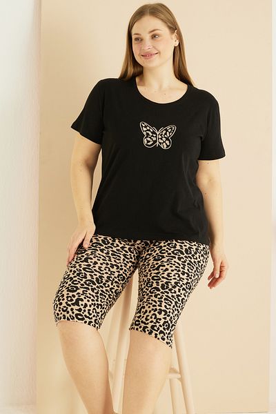 Siyah İnci Black Leopard Print Curve Plus Size Oversize Cotton Capri Suit 25102739