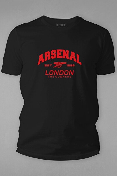 Futbolos تي شيرت رجالي أسود مطبوع برقبة دائرية من أرسنال لندن