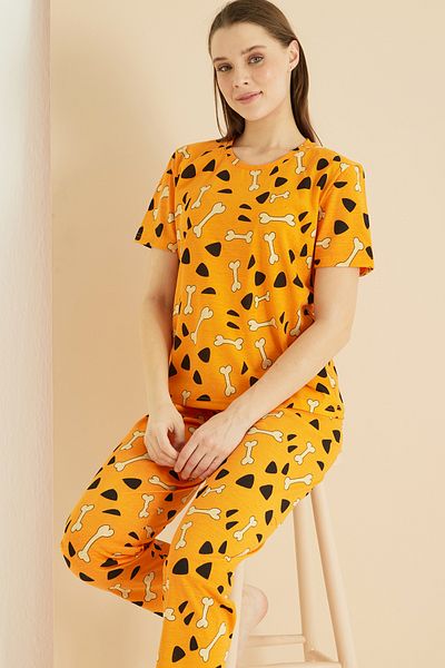Siyah İnci Orange Patterned Crew Neck Knitted Pajama Set 25103190