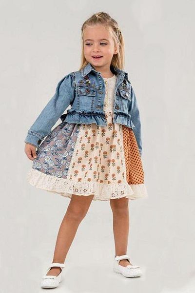 HÇM Girl's Denim Jacket Dress with Lace Detail Ruffle A34
