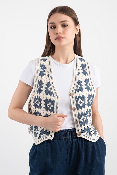 Hatun Atila Vestă din tricotaje Suize cu model Indigo HatunAtila