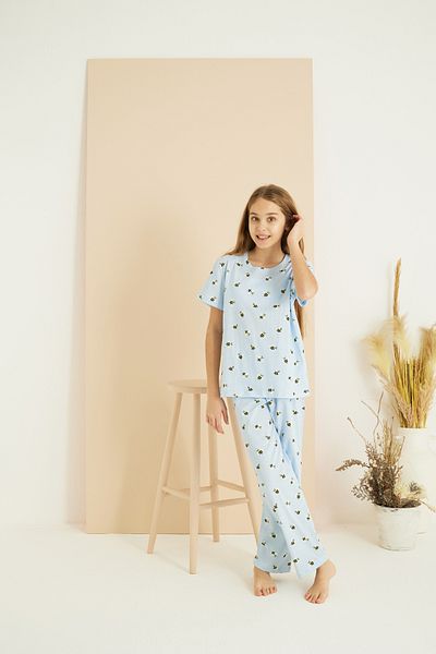 Siyah İnci Set de pijamale tricotate din bumbac cu decolteu cu imprimeu albastru 25107133