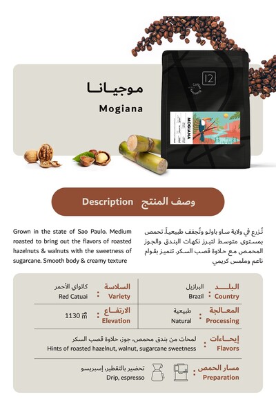 12Cups Brazil Mogiana Coffee Beans Roasted 250g - Whole Bean for Drip & Espresso Coffee