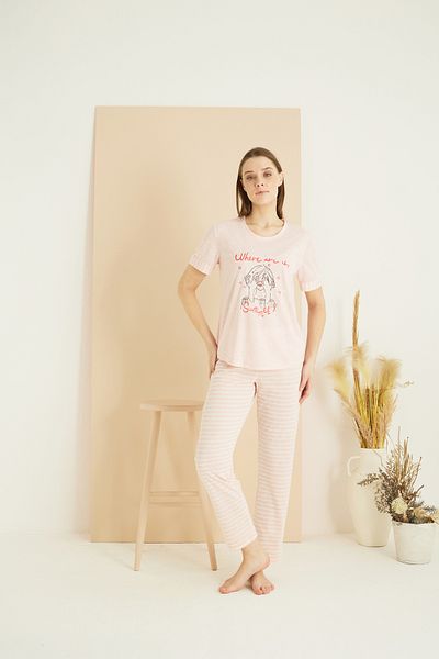 Siyah İnci ροζ και λευκή γραμμή μοτίβο Cotton Crew Neck Πλεκτό Σετ Πιτζάμες 25103225