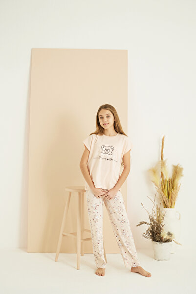 Siyah İnci somon desenli Pamuklu Bisiklet Yaka Örme Pijama Takım25107146