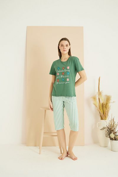 Siyah İnci Πράσινο σχέδιο Cotton Crew Neck Πλεκτό Κάπρι Σετ 25102188