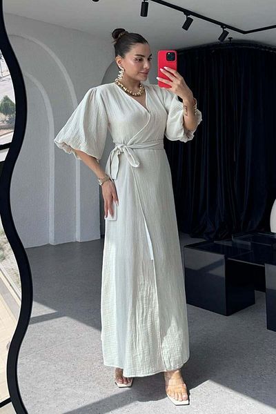 solena sln Women's V Neck Balloon Sleeve Summer Linen Dress