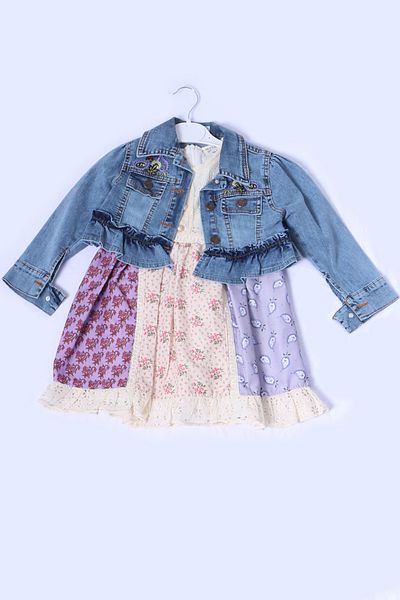 HÇM Girl's Denim Jacket Dress with Lace Detail Ruffle A34
