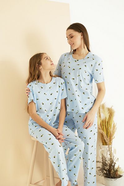 Siyah İnci Set de pijamale tricotate din bumbac cu decolteu cu imprimeu albastru 25107133