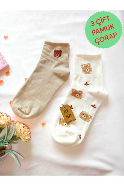 ENEFENDİ Soft Women's Cream Ecru Bear Socks 36-40