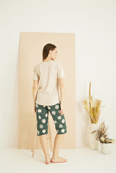 Siyah İnci Μπεζ σχέδιο Cotton Crew Neck Πλεκτό Κάπρι Σετ 25102163