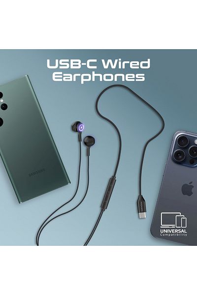 Promate Earphones With USB-C Connector, In-Ear USB-C HD Wired Earbuds With RGB Lights, Microphone.