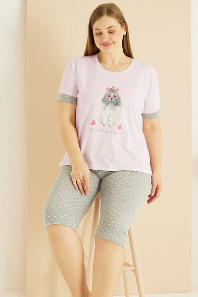Siyah İnci Ροζ μοτίβο Curve Plus Size Oversize Βαμβακερό Κάπρι Σετ 25102762