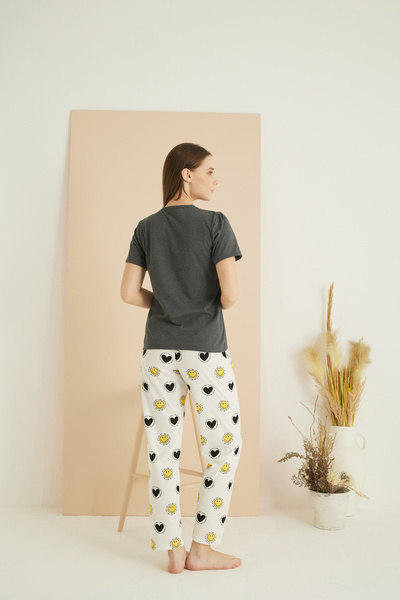 Siyah İnci Anthracite Patterned Cotton Crew Neck Knitted Pajama Set 25103210