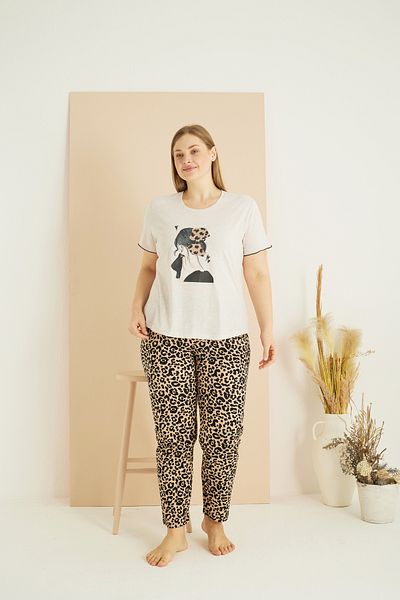 Siyah İnci Σετ πιτζάμες από βαμβακερό μοτίβο μπεζ Leopard Plus Size Oversize 25103723