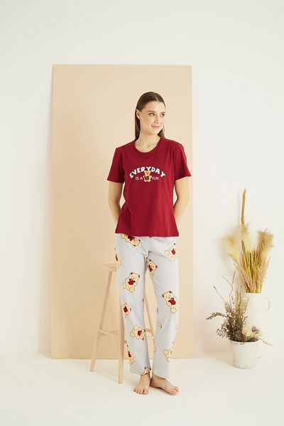 Siyah İnci Set de pijamale tricotate din bumbac cu decolteu rotund cu imprimeu burgundy 25107132