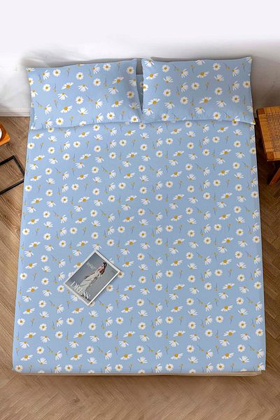 Rivaİstanbul Double Bed Sheet Blue Daisy Cotton