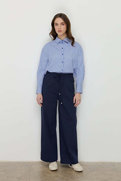 Nihan Beli Lastikli Bol Paça Kanvas Pantolon - Lacivert