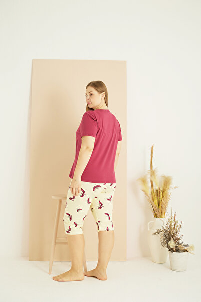 Siyah İnci Cherry Color Patterned Curve Plus Size Oversize Cotton Capri Suit 25102718