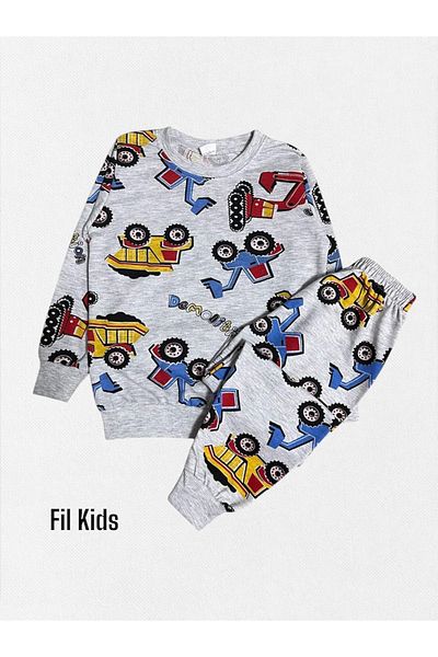Fil Kids Boys' 100% Cotton Gray Work Machine Scoop Truck Patterned Long Sleeve Seasonal Pajama Set