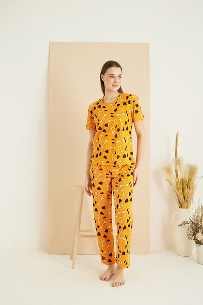 Siyah İnci Orange Patterned Crew Neck Knitted Pajama Set 25103190